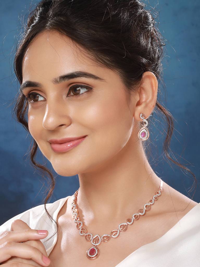 Rose Gold Plated Ruby Ad Studded Pendant Jewellery Set : SJNK2561