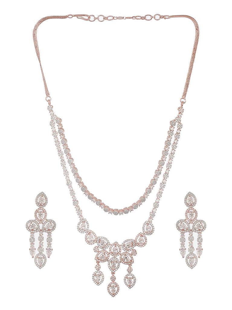 Rose Gold Toned Zircon Studded 2 - Lined Layered Statement Necklace Jewellery Set : SJNK2562