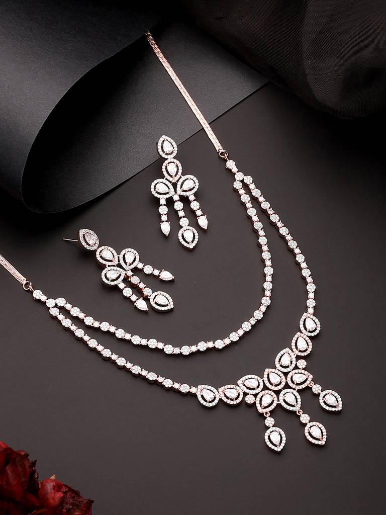 Rose Gold Toned Zircon Studded 2 - Lined Layered Statement Necklace Jewellery Set : SJNK2562