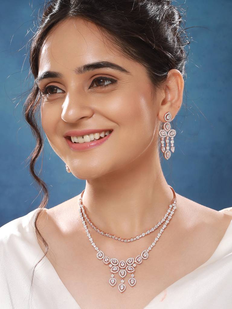 Rose Gold Toned Zircon Studded 2 - Lined Layered Statement Necklace Jewellery Set : SJNK2562