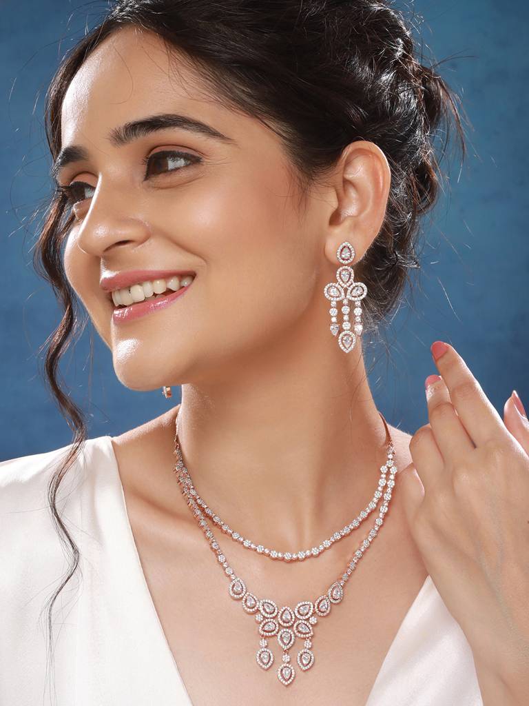 Rose Gold Toned Zircon Studded 2 - Lined Layered Statement Necklace Jewellery Set : SJNK2562