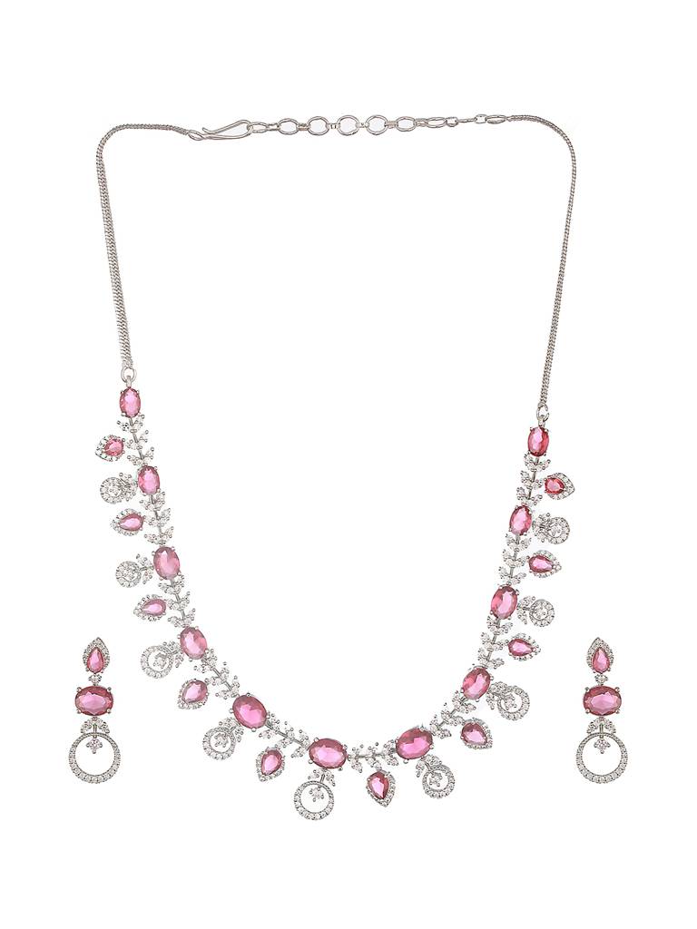 White Rhodium Red Ruby Studded Leaf Design Statement Jewellery Set : SJNK2563