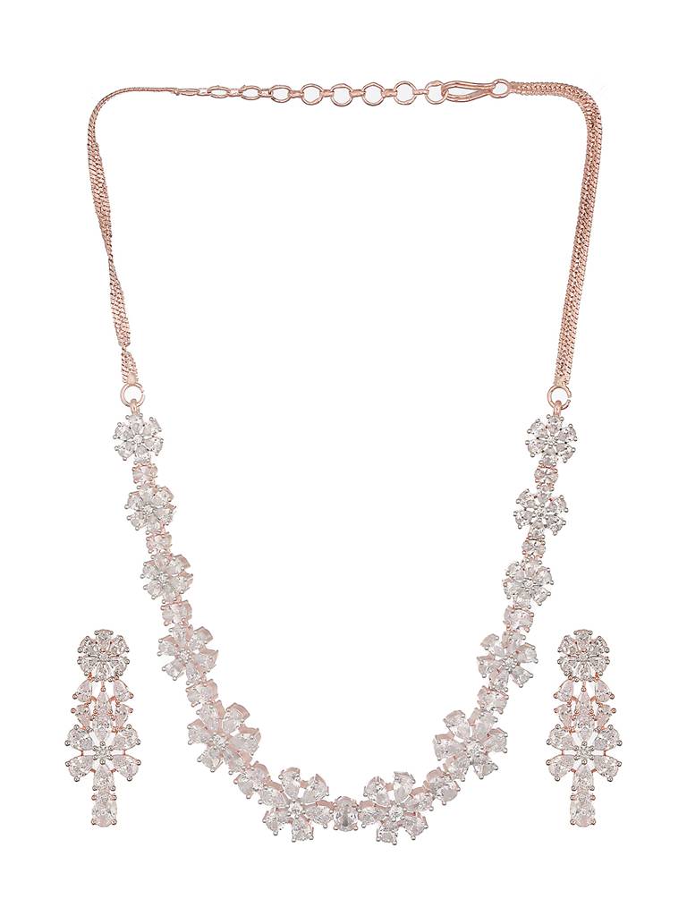 Rose Gold Plated Ad Studded Floral Delicate Jewellery Set : SJNK2564