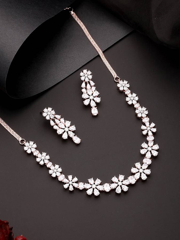 Rose Gold Plated Ad Studded Floral Delicate Jewellery Set : SJNK2564
