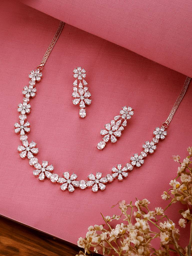 Rose Gold Plated Ad Studded Floral Delicate Jewellery Set : SJNK2564