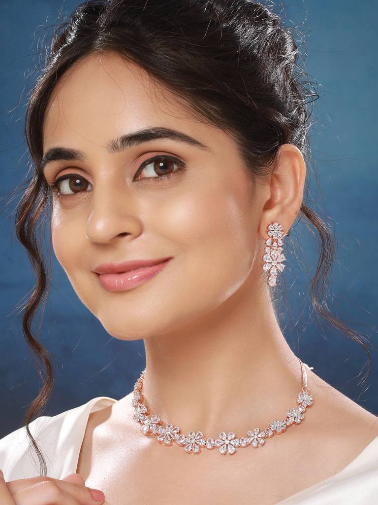 Rose Gold Plated Ad Studded Floral Delicate Jewellery Set : SJNK2564