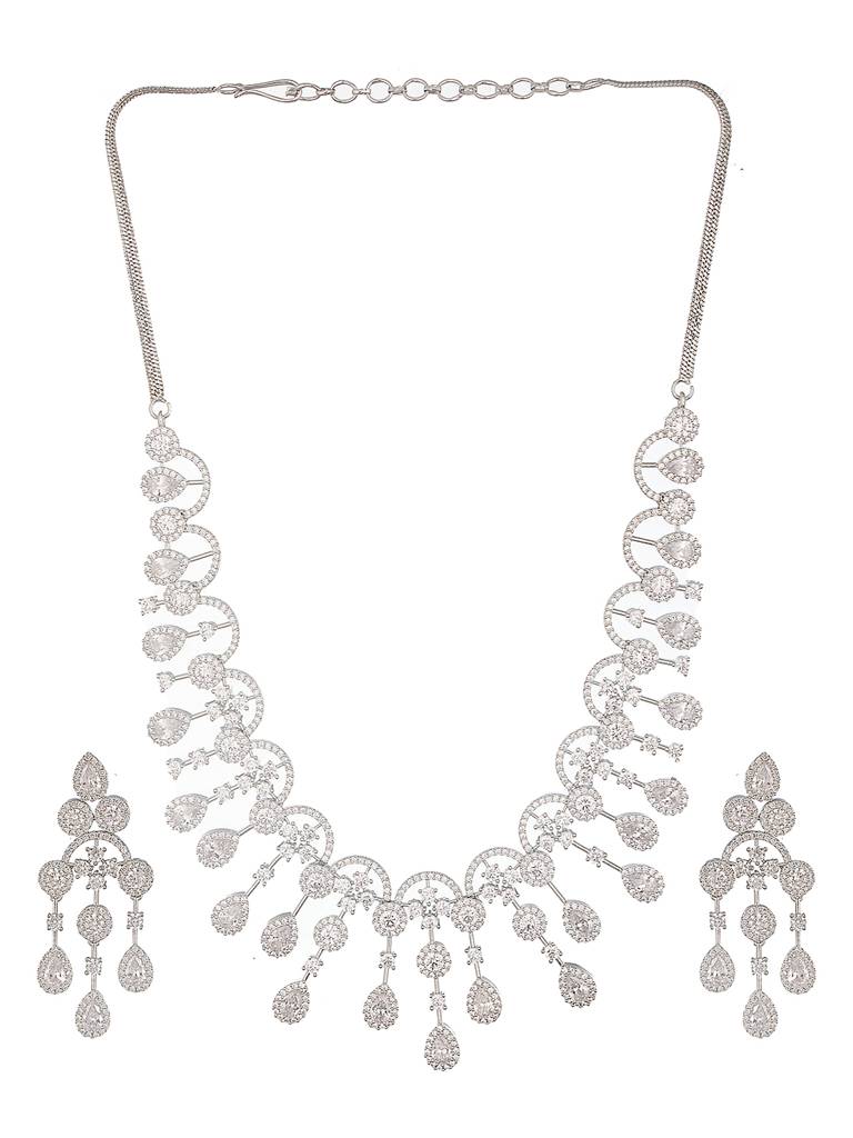 Silver Toned Ad Studded Luxe Designer Necklace Jewellery Set : SJNK2565