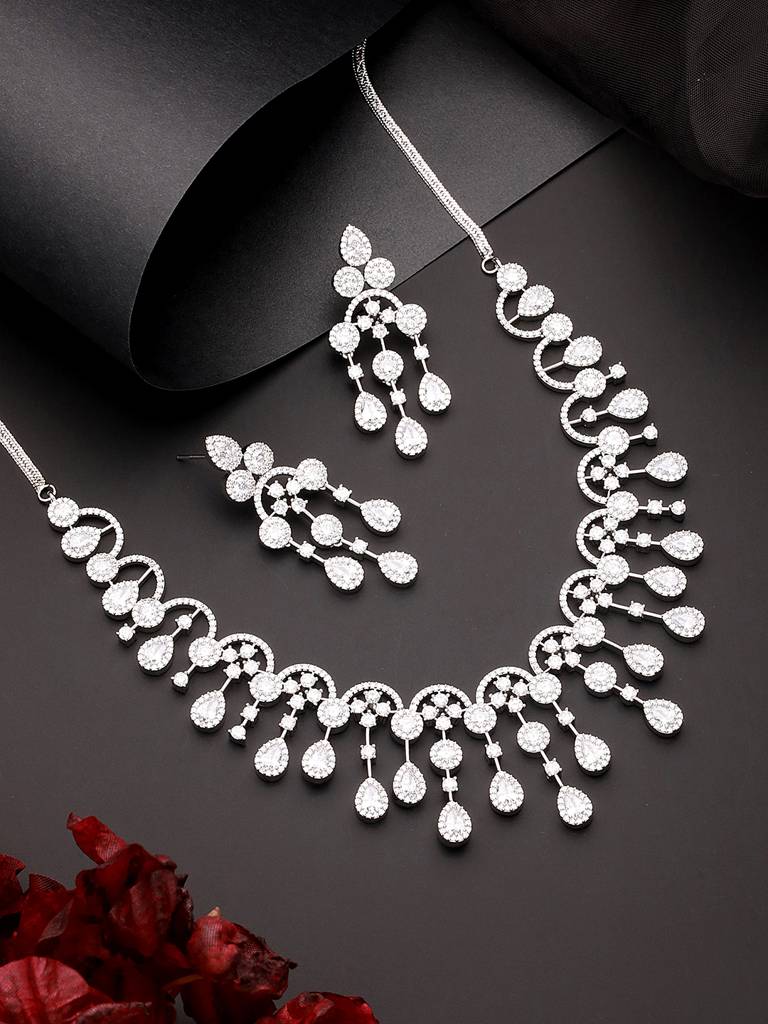 Silver Toned Ad Studded Luxe Designer Necklace Jewellery Set : SJNK2565