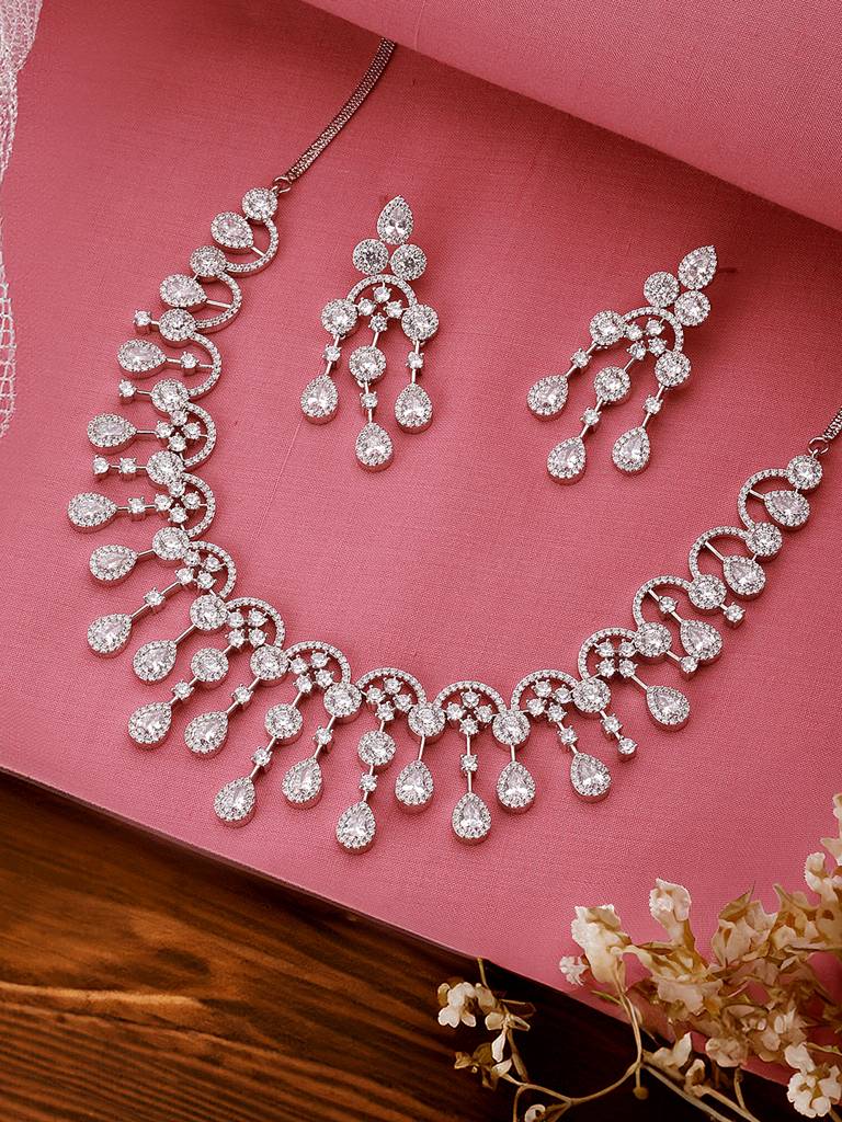 Silver Toned Ad Studded Luxe Designer Necklace Jewellery Set : SJNK2565