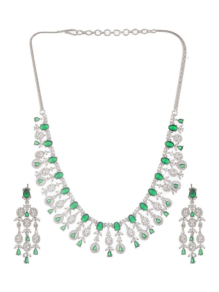 Silver Toned Emerald Green Ad Studded Statement Necklace Jewellery Set : SJNK2566
