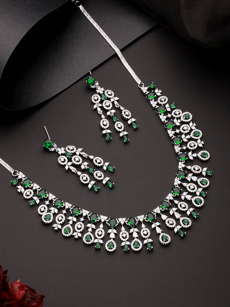 Silver Toned Emerald Green Ad Studded Statement Necklace Jewellery Set : SJNK2566