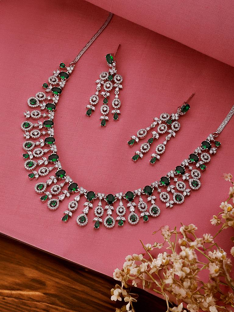 Silver Toned Emerald Green Ad Studded Statement Necklace Jewellery Set : SJNK2566
