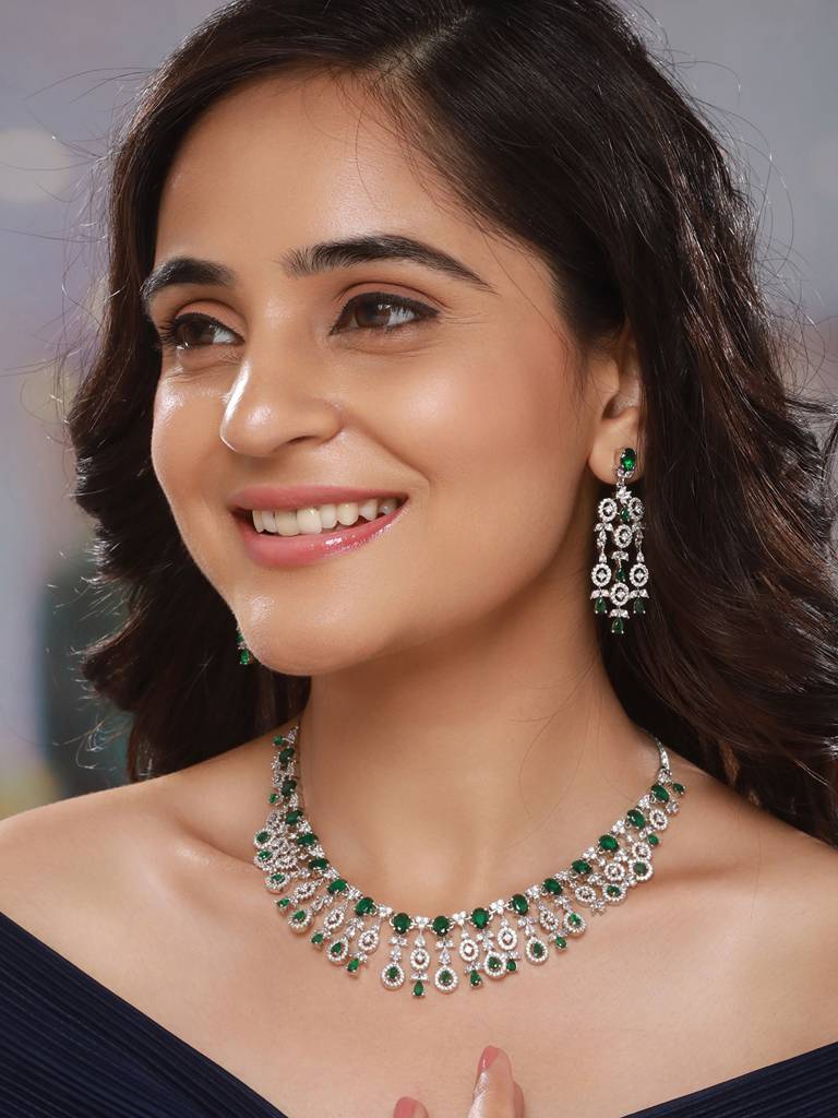 Silver Toned Emerald Green Ad Studded Statement Necklace Jewellery Set : SJNK2566