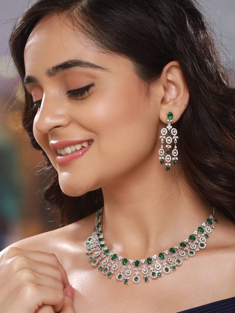 Silver Toned Emerald Green Ad Studded Statement Necklace Jewellery Set : SJNK2566