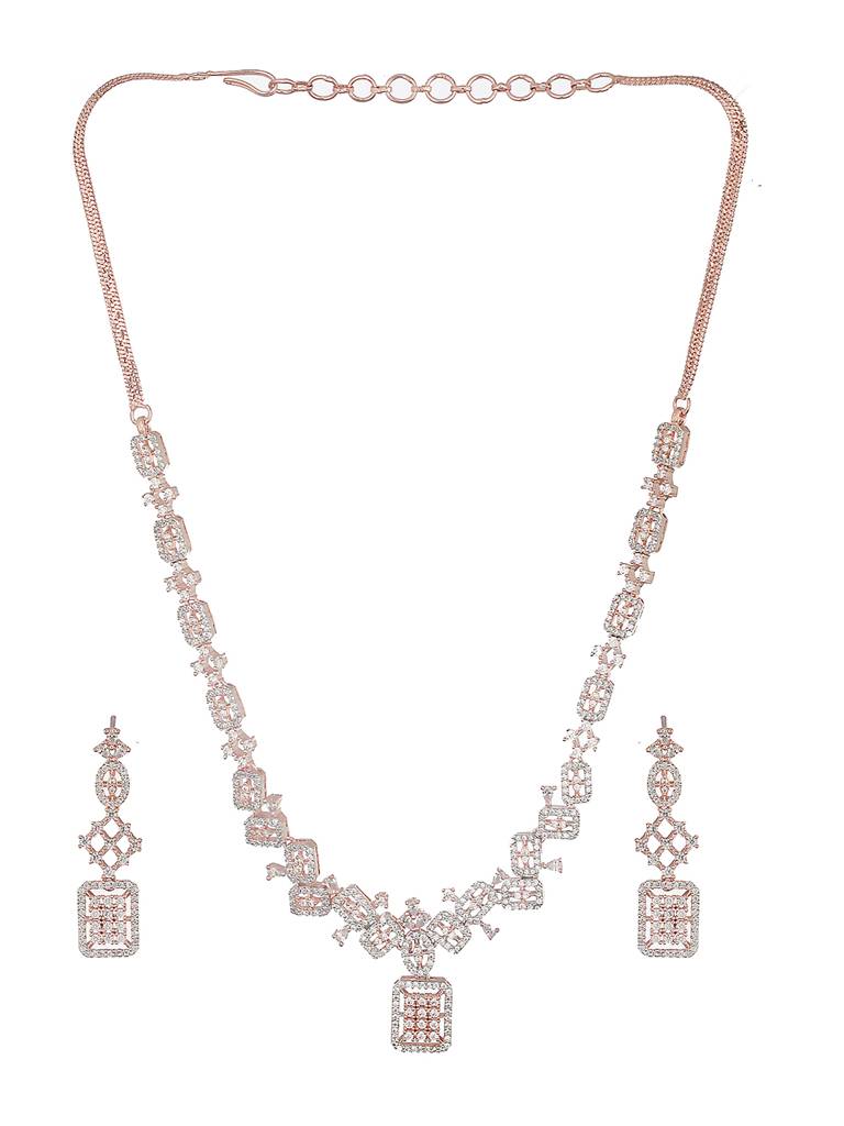 Rose Gold Toned Ad Studded Geometric Pattern Minimal Pendant Jewellery Set : SJNK2567