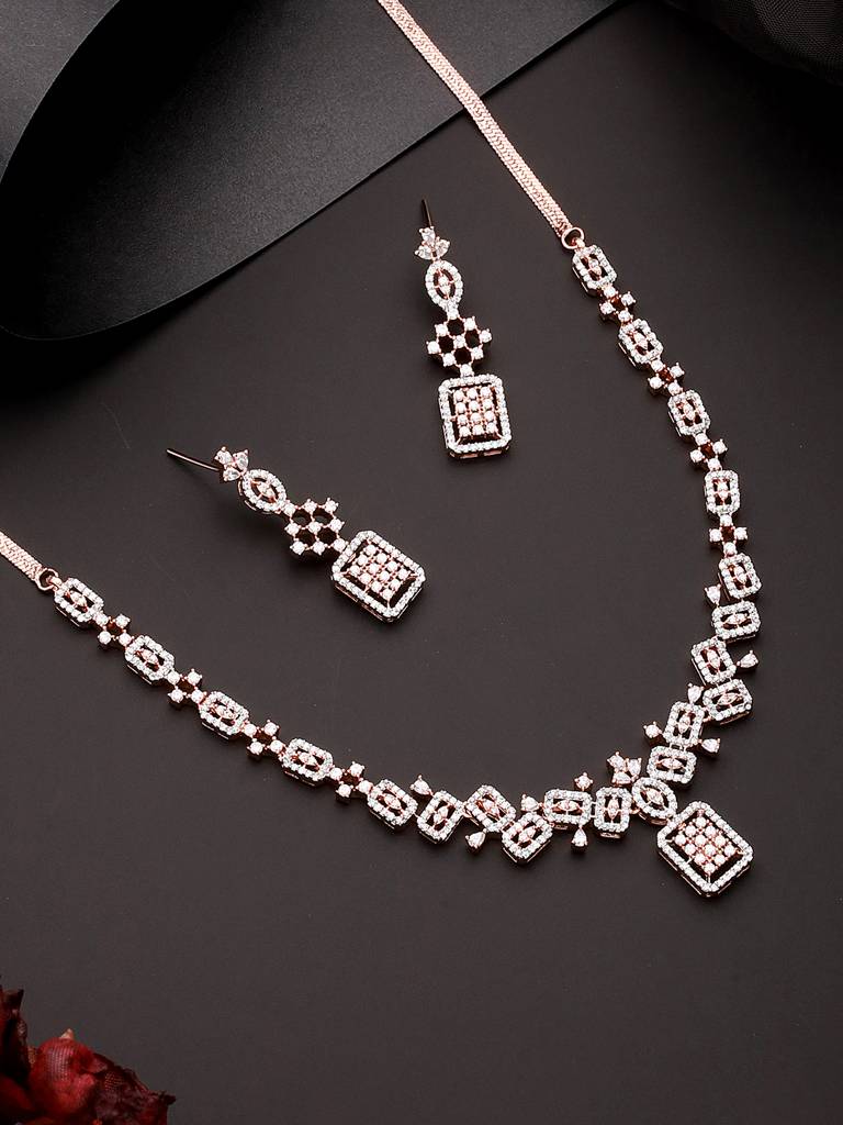 Rose Gold Toned Ad Studded Geometric Pattern Minimal Pendant Jewellery Set : SJNK2567