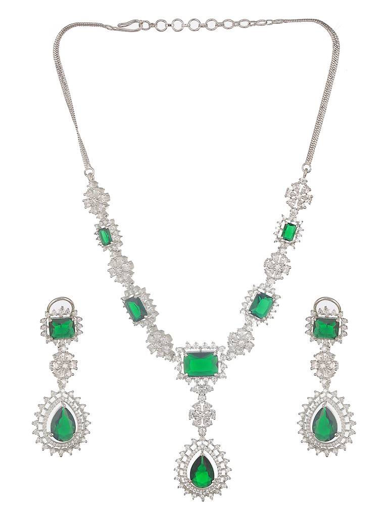 Silver Toned Emerald Green Studded Statement Pendant Jewellery Set : SJNK2568
