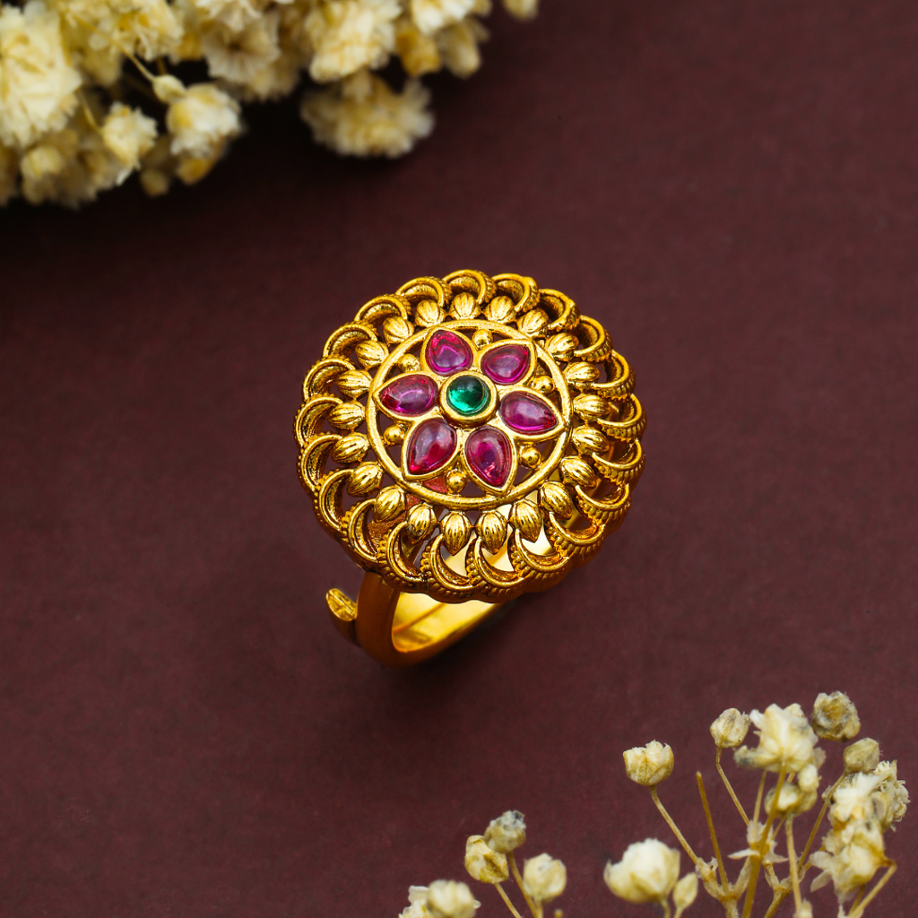 Modern Floral Temple Ring With Gold Finish V-2603 : V-2603