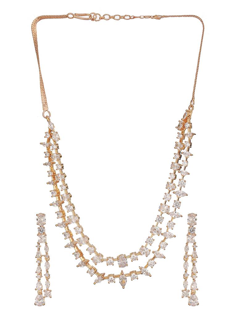 Gold Toned Ad Studded Layered Minimal Jewellery Set : SJNK2570