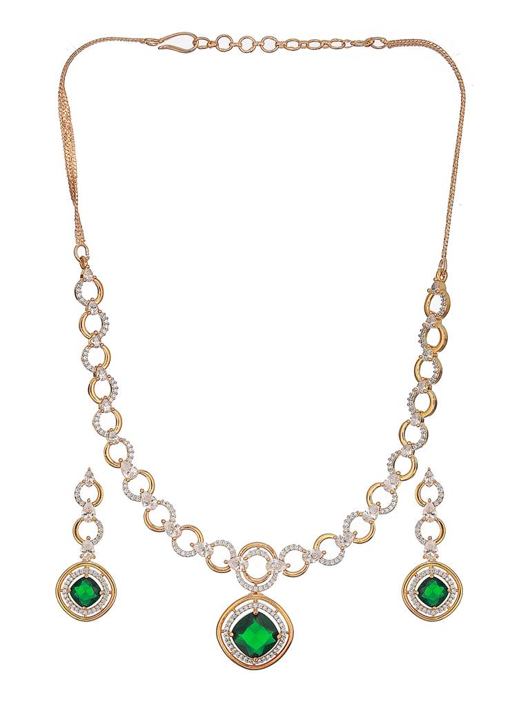 Gold Toned Emerald Green Ad Studded Statement Link Pendant Jewellery Set : SJNK2571