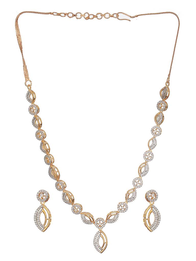 Gold Toned Ad Studded Minimal Leaf Design Pendant Jewellery Set : SJNK2572