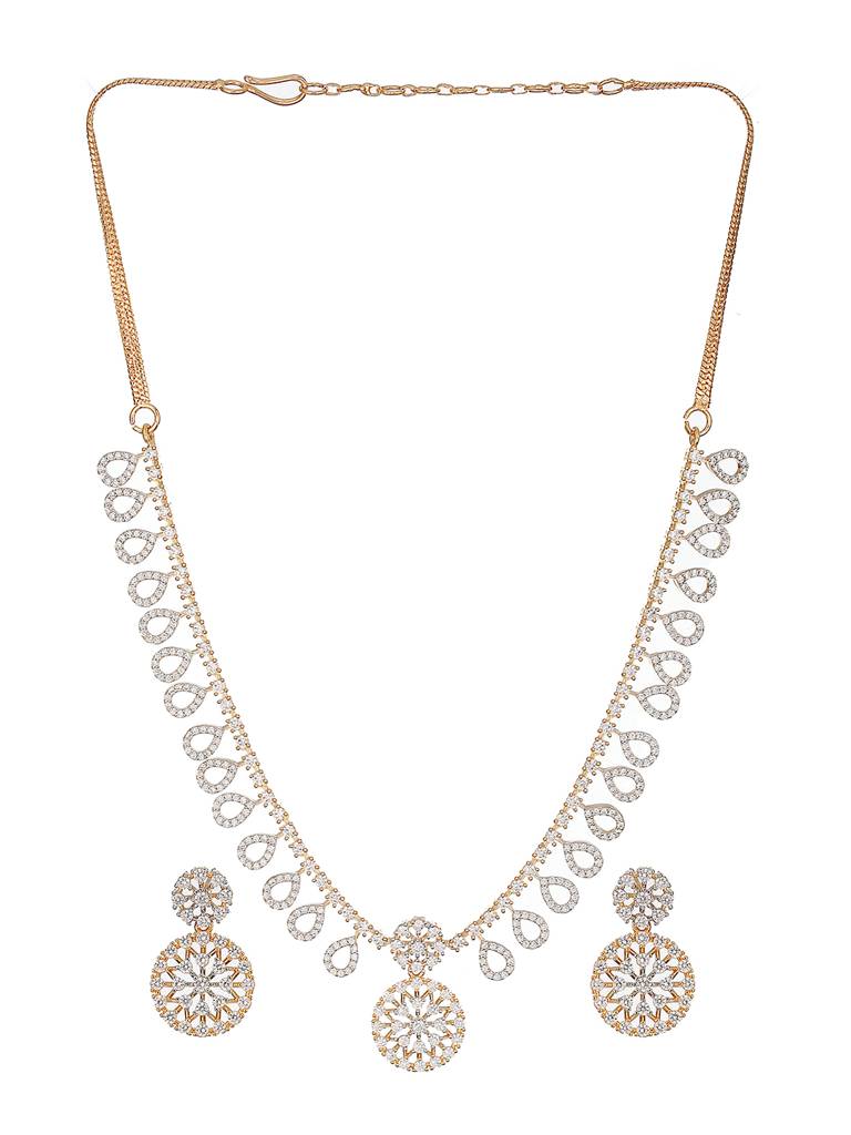 Gold Toned Ad Studded Floral Drop Minimal Jewellery Set : SJNK2573