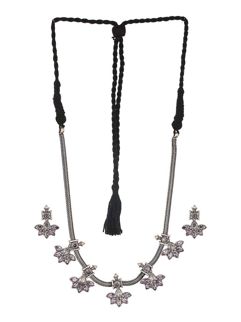 Silver Oxidised Finish Stone Studded Flower Motif Collar Necklace Jewellery Set : SJNK2574