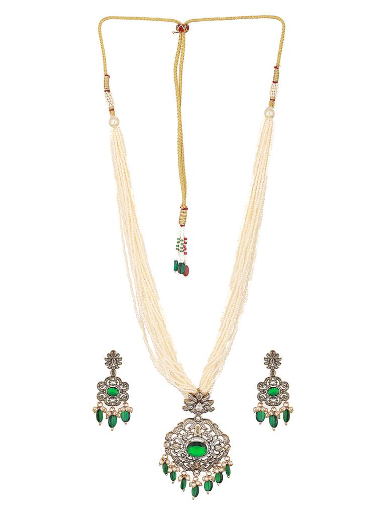 Gold-Plated Green Uncut Polki & Faux Pearl Beaded Long Jewellery Set : SJNK2575