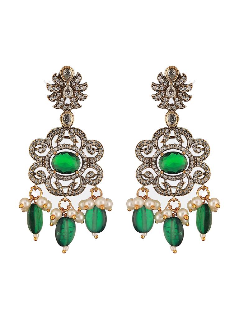 Gold-Plated Green Uncut Polki & Faux Pearl Beaded Long Jewellery Set : SJNK2575