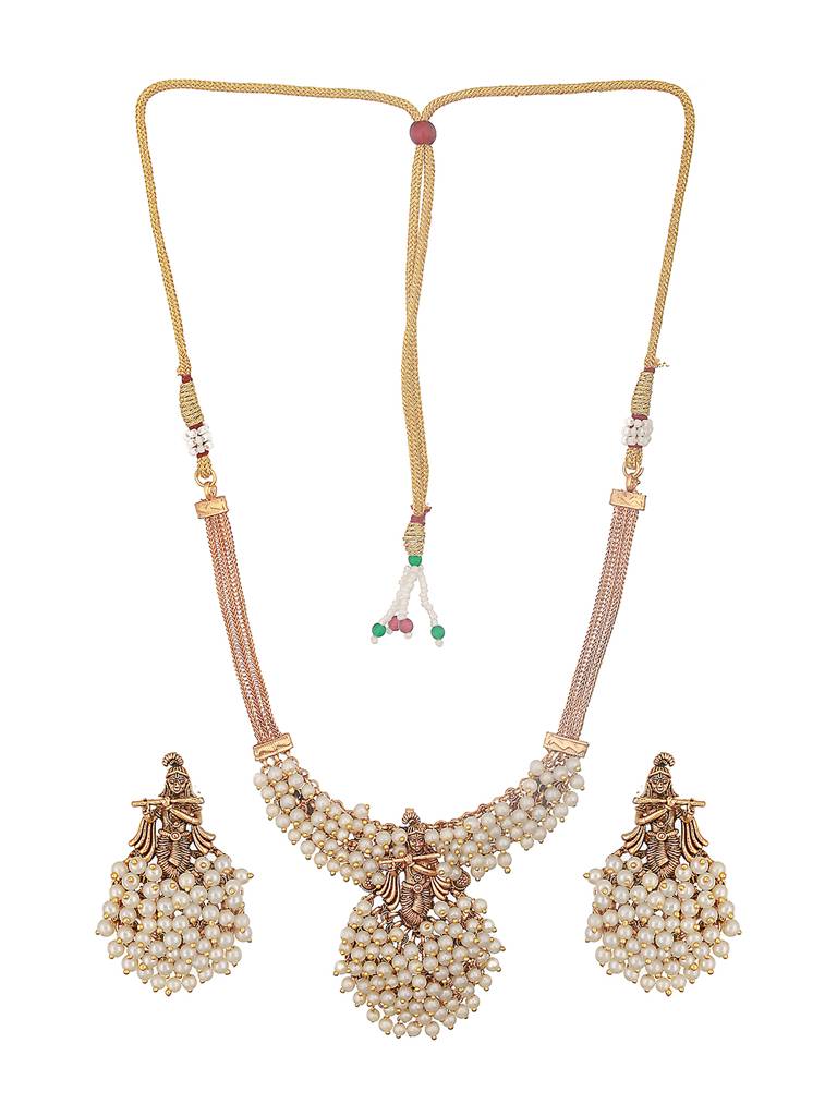 Gold Plated Pearl Beaded Shri Krishna Motif Designer Jewellery Set : SJNK2576