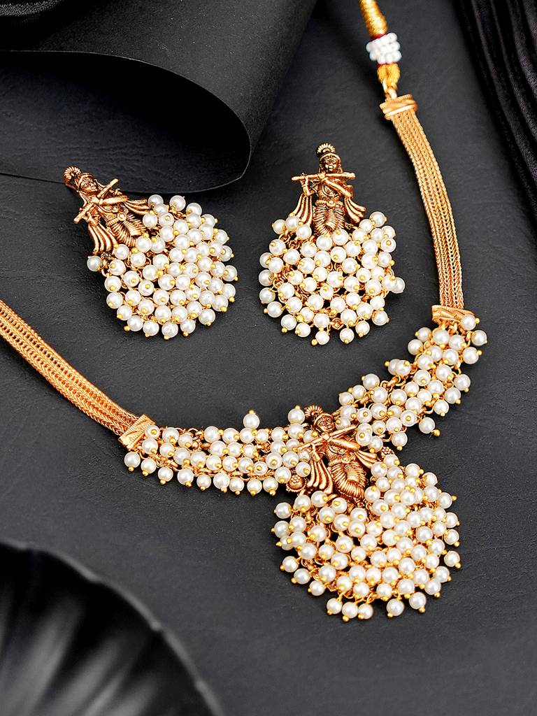 Gold Plated Pearl Beaded Shri Krishna Motif Designer Jewellery Set