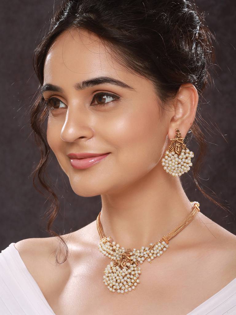 Gold Plated Pearl Beaded Shri Krishna Motif Designer Jewellery Set : SJNK2576