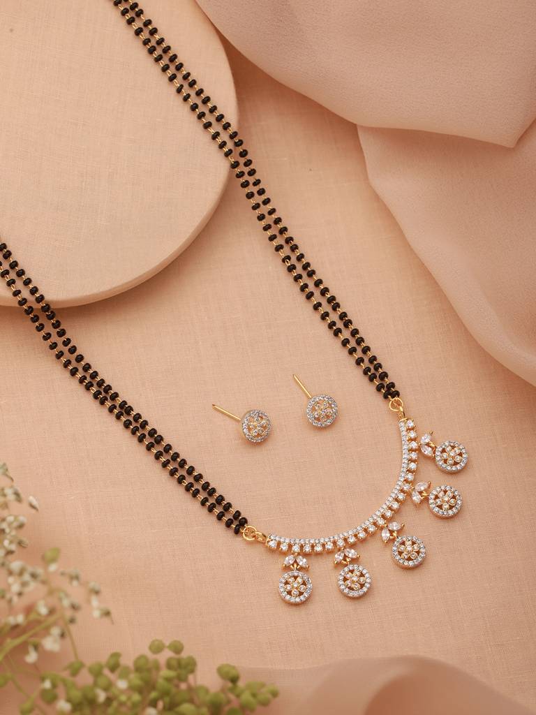 Dual Toned Black Beads Cz Studded Designer Contemporary Mangalsutra Jewellery Set : SJMS2577