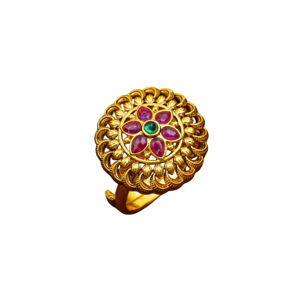 Modern Floral Temple Ring With Gold Finish V-2603 : V-2603