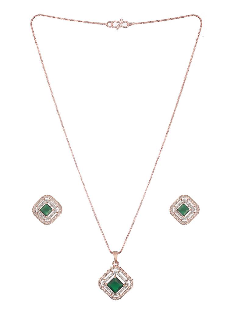 Rose Gold Plated Emerald Green Ad Studded Square Pendant Jewellery Set : SJLK2581