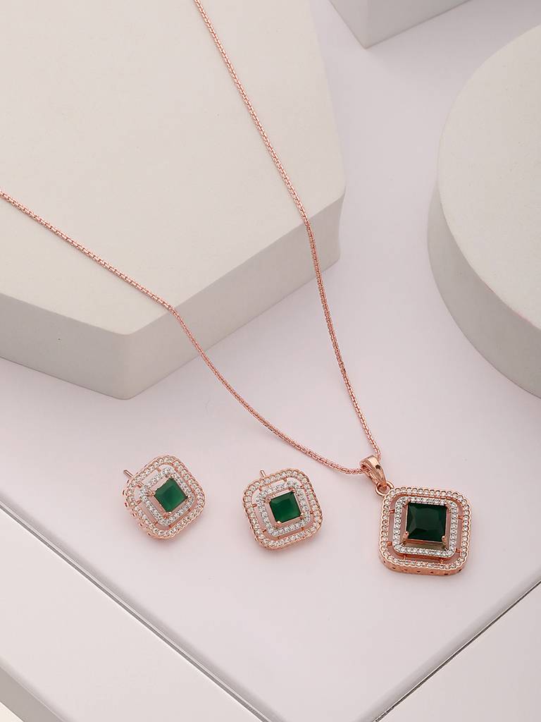 Rose Gold Plated Emerald Green Ad Studded Square Pendant Jewellery Set : SJLK2581