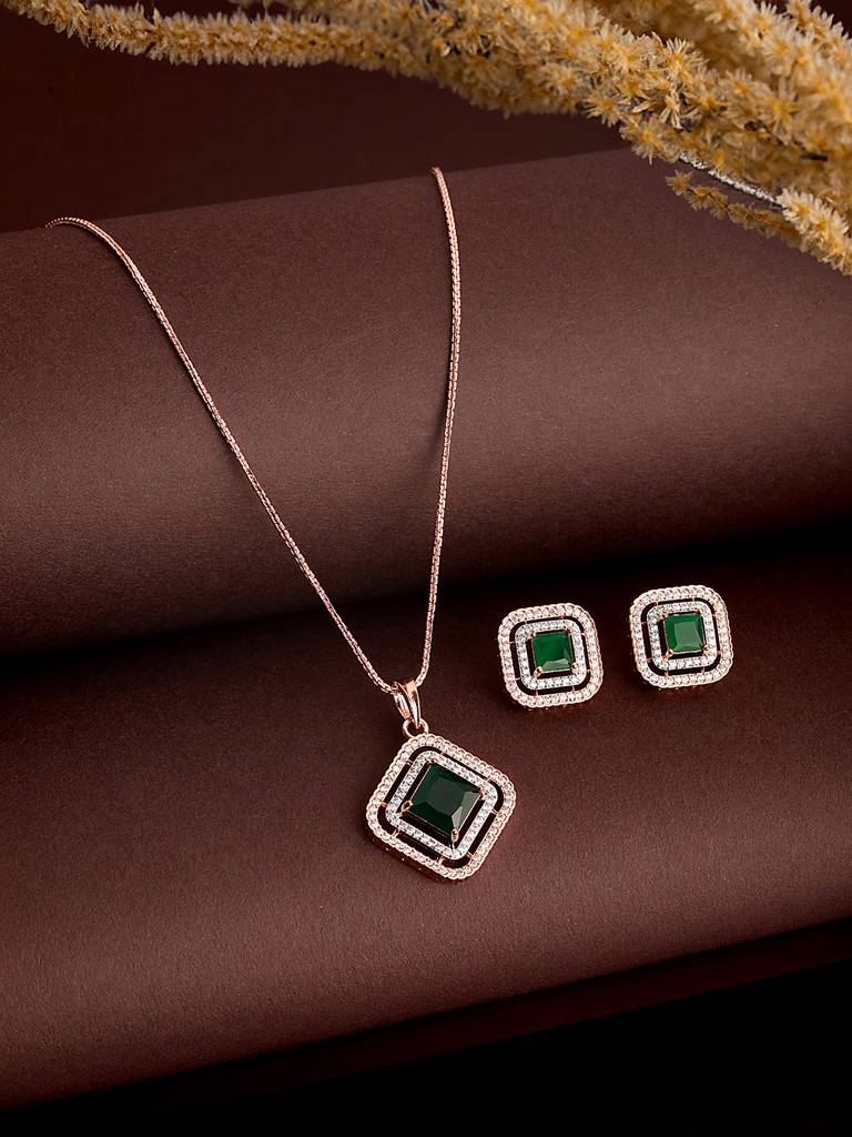 Rose Gold Plated Emerald Green Ad Studded Square Pendant Jewellery Set : SJLK2581