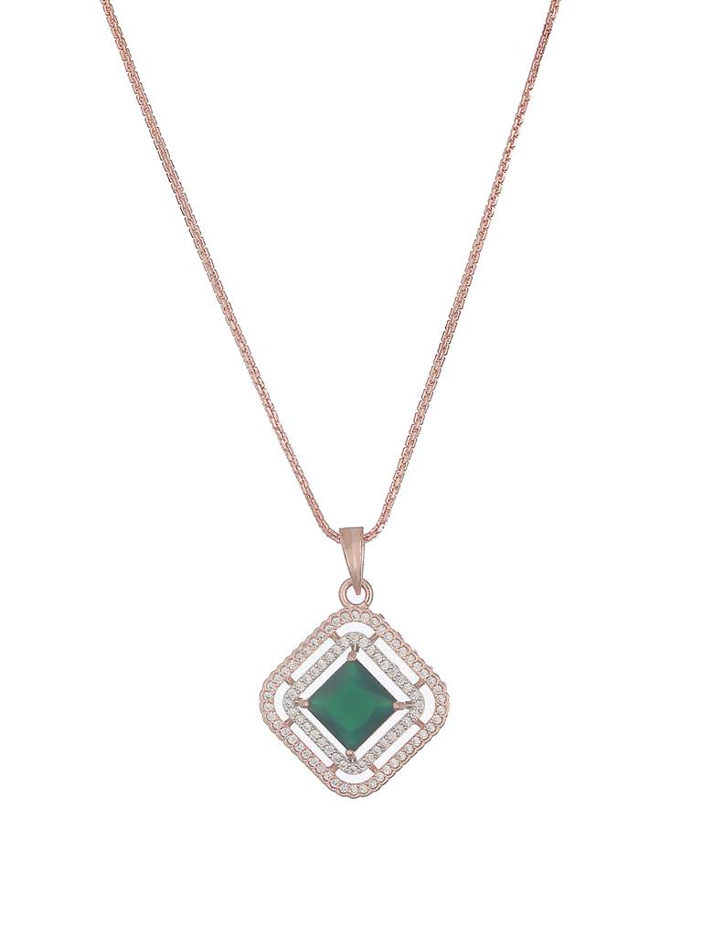 Rose Gold Plated Emerald Green Ad Studded Square Pendant Jewellery Set : SJLK2581