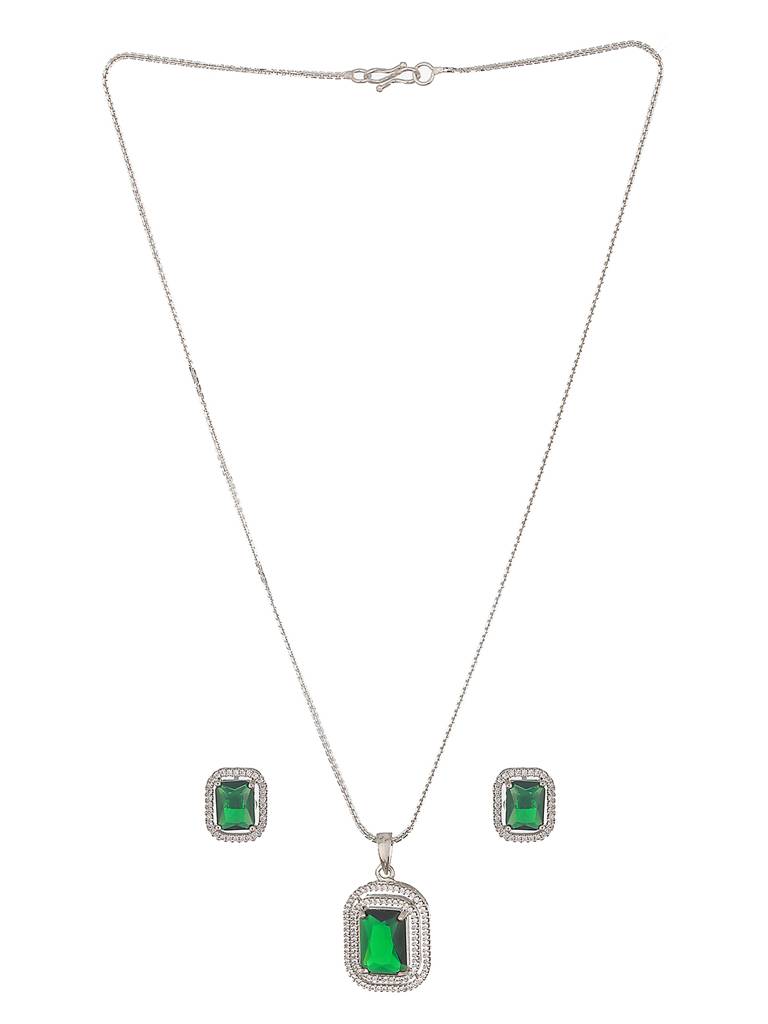 Silver Toned Emerald Green Ad Studded Rectangular Pendant Jewellery Set : SJLK2582