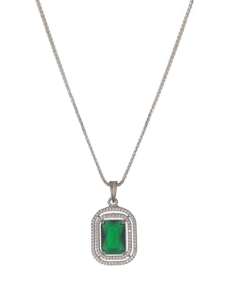 Silver Toned Emerald Green Ad Studded Rectangular Pendant Jewellery Set : SJLK2582