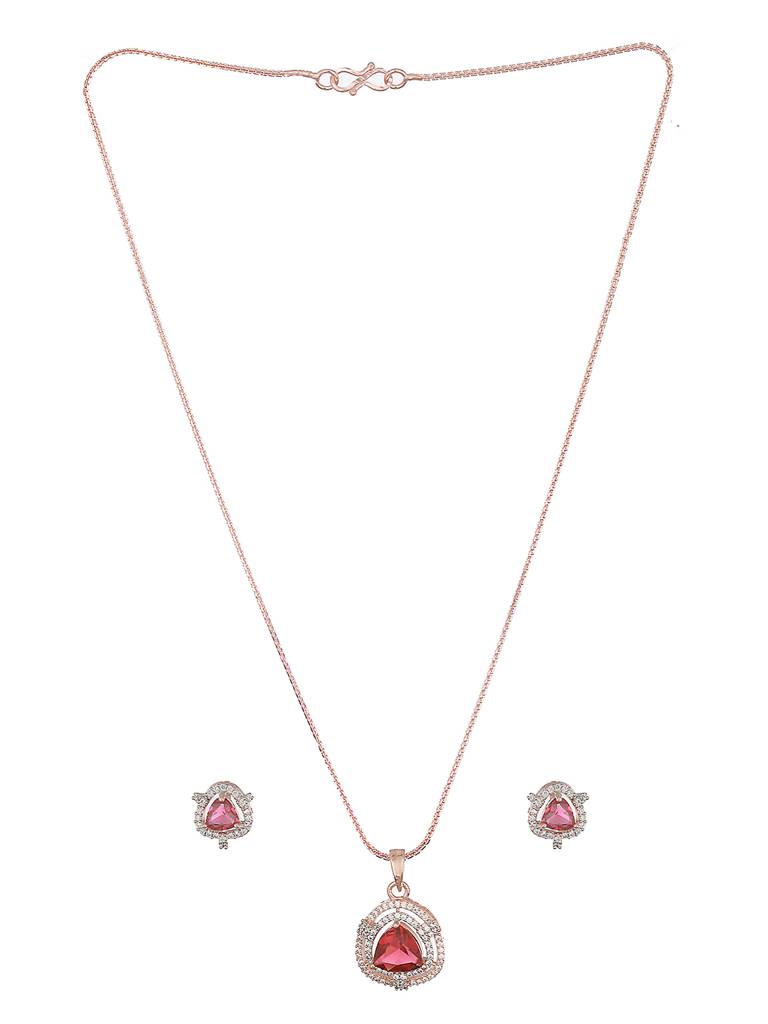Rose Gold Plated Ruby Red Ad Studded Triangular Pendant Jewellery Set : SJLK2583
