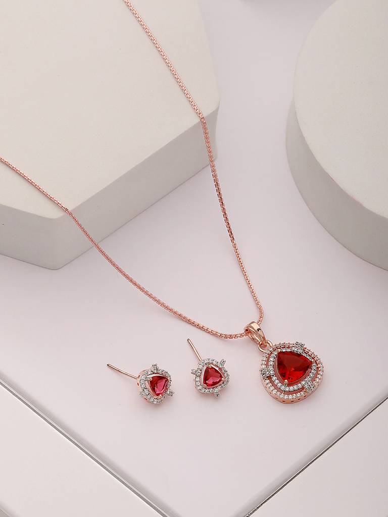 Rose Gold Plated Ruby Red Ad Studded Triangular Pendant Jewellery Set : SJLK2583