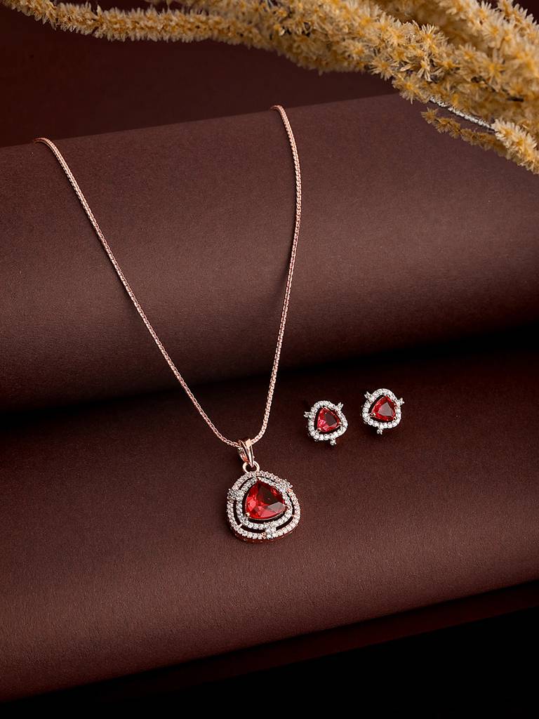 Rose Gold Plated Ruby Red Ad Studded Triangular Pendant Jewellery Set : SJLK2583