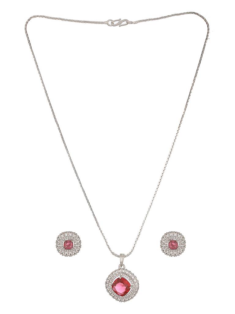 Silver Toned Ruby Red Ad Studded Square Minimal Locket Jewellery Set : SJLK2585