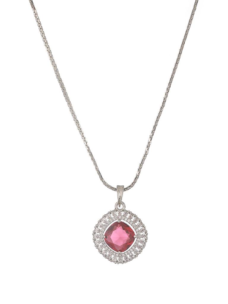 Silver Toned Ruby Red Ad Studded Square Minimal Locket Jewellery Set : SJLK2585