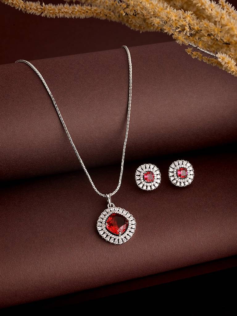 Silver Toned Ruby Red Ad Studded Square Minimal Locket Jewellery Set : SJLK2585