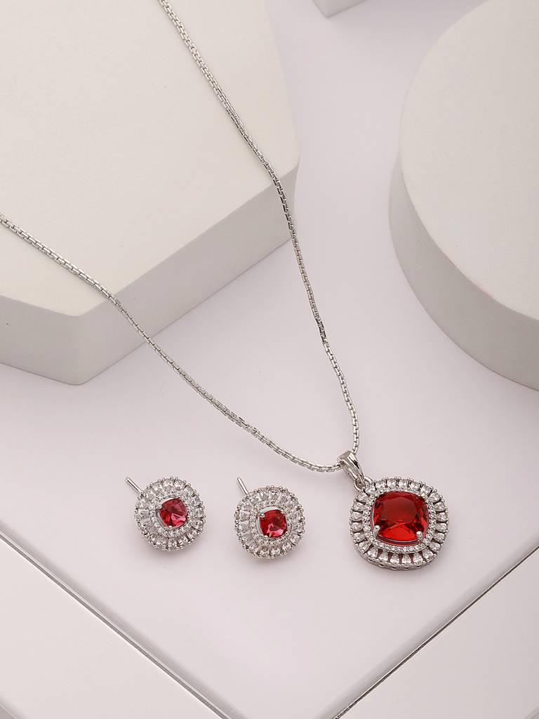 Silver Toned Ruby Red Ad Studded Square Minimal Locket Jewellery Set : SJLK2585
