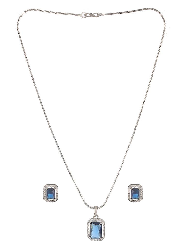 Silver Toned Blue Ad Studded Rectangular Minimal Locket Jewellery Set : SJLK2586