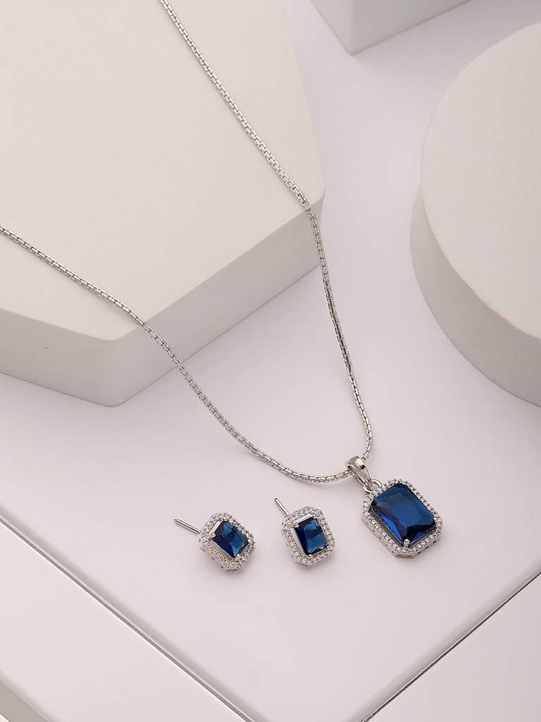 Silver Toned Blue Ad Studded Rectangular Minimal Locket Jewellery Set : SJLK2586