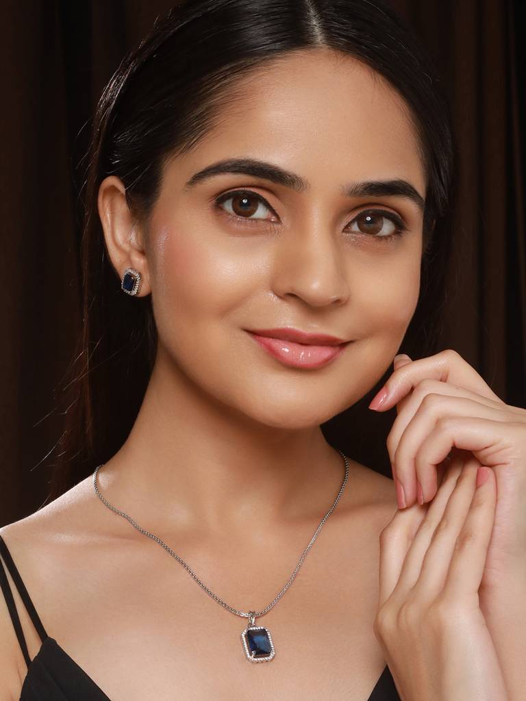 Silver Toned Blue Ad Studded Rectangular Minimal Locket Jewellery Set : SJLK2586